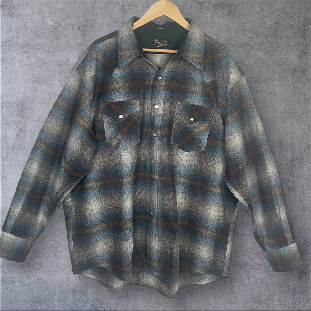 Pendleton Canyon Wool Pearl Snap Western Shirt Mens XXL Blue Gray Plaid Cowboy